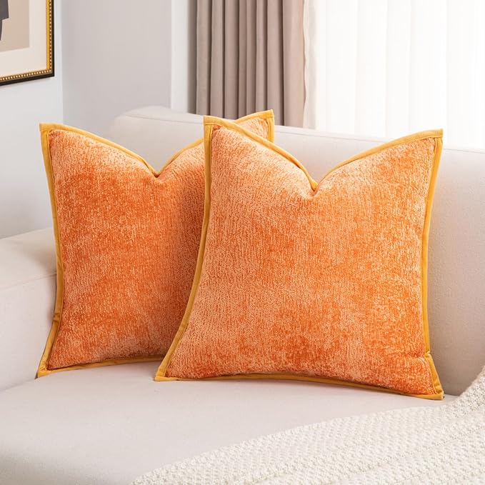 FUTEI Orange Chenille Throw Pillow Covers 18x18 Inch Set of 2,Soft Cozy Bound Edge Design Cushion Case,Home Decor for Couch Bed Living Room
