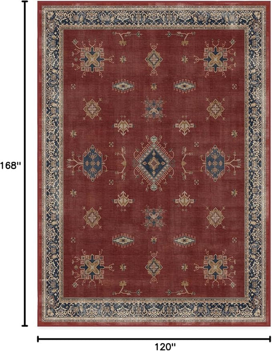 RUGGABLE Washable Vintage Area Rug – Verena Amber Red 10x14, Stain-Resistant, Non-Slip – Large Machine Washable Rugs for Living Room, Bedroom, Hallway, Entryway & Office–with Cushioned Pad