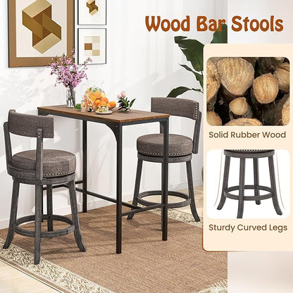 COSTWAY Bar Stools Set of 2, Upholstered Farmhouse Bar stools w/Cushioned Seat & Backrest, Solid Wood Legs, Footrest, 26” Counter Height Swivel Stools for Kitchen Island, Pub (2, 26'' Seat Height)