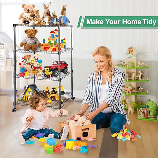 Whitmor 4 Tier Shelving Unit, Adjustable Storage Shelves with Wheels, Wire Shelving, 400 lbs Capacity per Shelf, Max 1600 lbs Total for Laundry, Kitchen, Garage, 24" L x 14" W x 47" H, Black