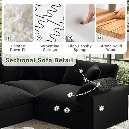 Cloud Modular Sectional Sofa,143" Down Filled Sofa 4 Seat with Chaise,Minimalist Sofa Cover Washable and Replaceable Couches for Living Room,Sectional Sofa Deep Seat Black
