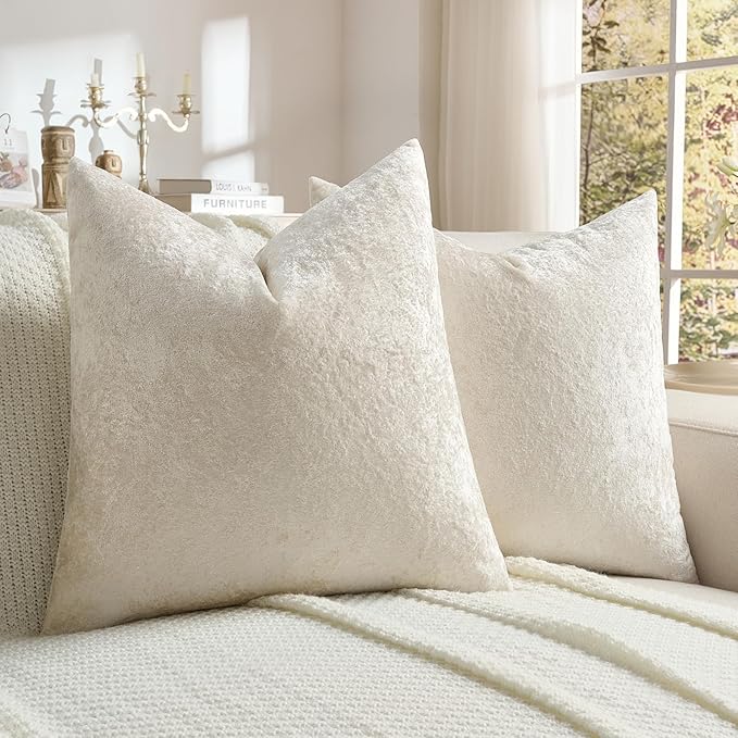 FUTEI Cream Flannel Throw Pillow Covers 18x18 Inch Set of 2,Soft Dimensional Textured Cushion Cases,Modern Home Decor for Couch Living Room