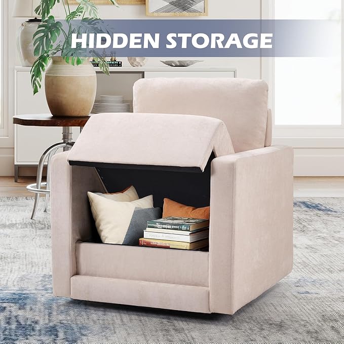 INZOY Swivel Accent Chair Set of 2, Comfy 360° Swivel Chair with Hidden Storage, Upholstered Chenille Square Chair for Living Room Bedroom Small Spaces, Fully Assembled, Beige