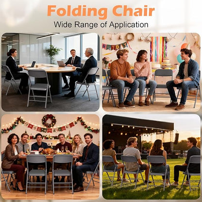 Folding Chairs 4 Pack with Padded Cushion and Back, Metal Folding Chairs with Comfortable Cushion and Durable Steel Frame Capacity for Home, Office, Party and Outdoor Events (PU-Grey, 4 Pack)