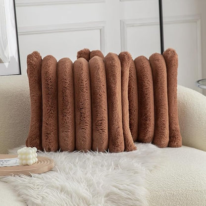 Neelvin Brown Faux Fur Cozy Soft Stripe Decorative Throw Pillow Covers 24x24 inch Set of 2,Velvet Pillowcase Cushion Case for Sofa Couch
