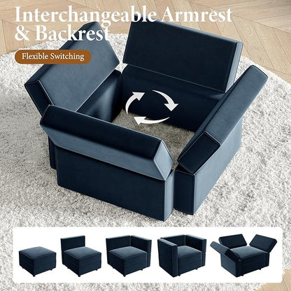 Vesgantti Sectional Couches with Storage Seats, 118" L Shaped Convertible Modular Sectional Sofa, 4 Seat & 2 Ottomans Velvet Storage Chaises Deep Seat Couch for Living Room, Bedroom, Apartment, Blue