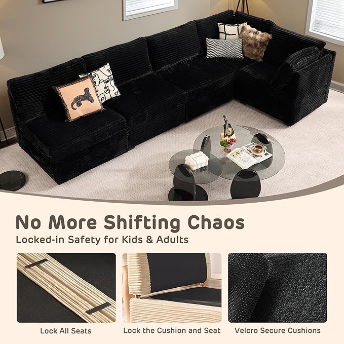 98" Modular Sofa with Swivel Chairs, Modern L Shape Cloud Sectional Couch Plush Corduroy 5 Seater Deep Seat Sofas Set & Accent Armchair Set of 2 for Living Room, Black