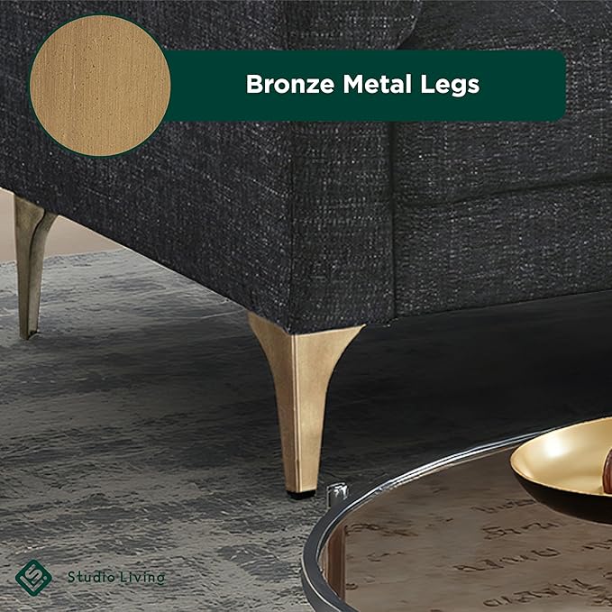 Studio Living® Matthew 83.5" Sofa Chaise, Mid-Century Modern, Pocket Coil Comfort, Reversable Chaise, Metal Brushed Bronze Legs, Chenille Fabric, Black