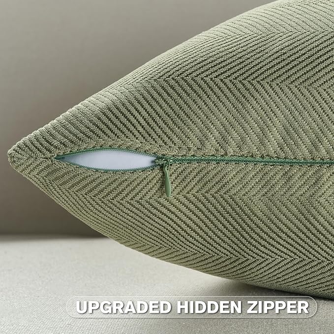 FUTEI Sage Green Chenille Throw Pillow Covers 16x16 Inch Set of 2,Soft Wide Chevron Textured Cushion Case,Farmhouse Home Decor for Couch Bed Living Room