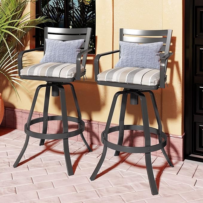 Pellebant 29.5" Outdoor Barstools Set of 2, Aluminum Swivel Patio Bar Height Stools with Back & Footrest, Rust-Proof Tall Bar Stool Chairs for Deck Lawn Garden,Milano Char