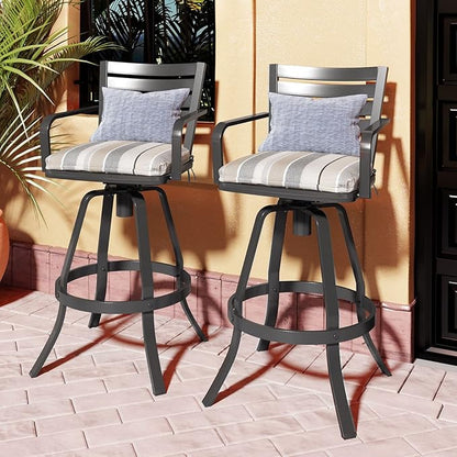 Pellebant 29.5" Outdoor Barstools Set of 2, Aluminum Swivel Patio Bar Height Stools with Back & Footrest, Rust-Proof Tall Bar Stool Chairs for Deck Lawn Garden,Milano Char
