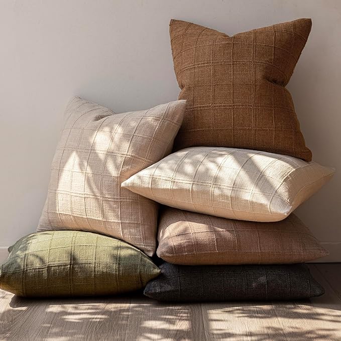 Foindtower Set of 2 Decorative Linen Check Throw Pillow Covers Neutral Farmhouse Vintage Cushion Covers Modern Boho Home Decor for Sofa Chair Couch Bedroom Living Room,20×20 Inch,Brown Hazel