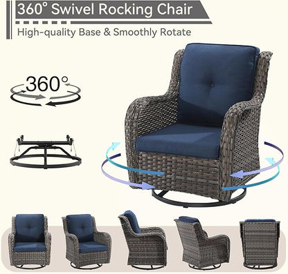 5 Pieces Outdoor Patio Furniture Set - Conversation Set Includes Wicker Swivel Rocker Chairs Set of 2, 2 Ottoman, 3 Seat Sofa, Suitable for Porch, Yard, Mixed Brown Rattan, Blue