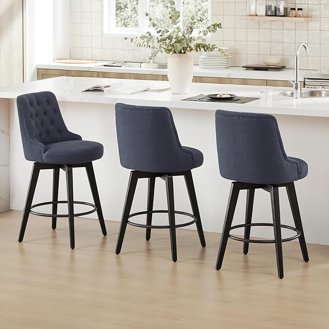 Watson & Whitely Counter Height Bar Stools, Performance Fabric Upholstered Modern Swivel Barstool with Back, Solid Wood Legs, 26" H Seat, Insignia Blue