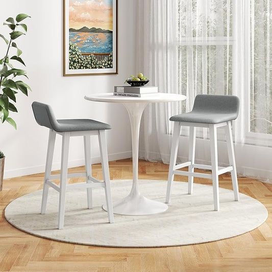 COSTWAY Wooden Bar Stools Set of 2, 29-inch Height Upholstered Padded Seat, Low Backrest, Footrest, Rubber Wood Legs, Armless Bar Chairs for Kitchen Counter Island, Dining Room, White+Gray