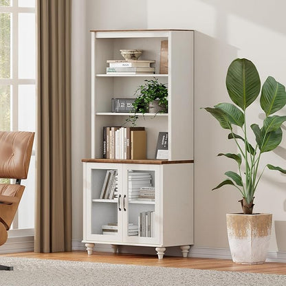 WAMPAT 5 Tier Farmhouse Bookshelf 72" Tall Bookcase with Doors, Large Display Book Shelf with Adjustable Shelves and Storage Cabinet Wood Bookshelves for Living Room & Study Room & Bedroom, White