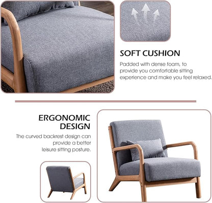 Accent Chair Mid Century Modern Chair Linen Fabric Living Room Chairs with Solid Wood Frame Comfy Upholstered and Lumbar Pillow Reading Side Chairs Easy Assembly for Bedroom (2, Grey)