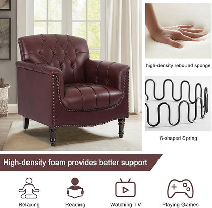 Lumibee Faux Leather Armchairs, Contemporary Accent Chairs Set of 2 with Nailhead Trims & Wood Legs for Living Room, Upholstered Comfy Arm Chairs for Office,Bedroom-Dark Red