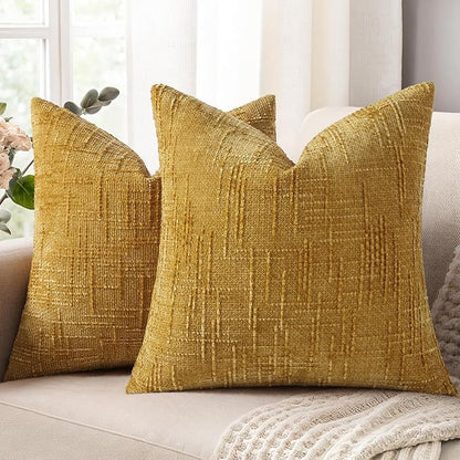 decorUhome Mustard Yellow Chenille Throw Pillow Covers 26x26 Set of 2 Thick Textured Slubby Couch Pillow Covers Farmhouse Accent Modern Neutral Decorative Pillow Cases for Bed Sofa Living Room