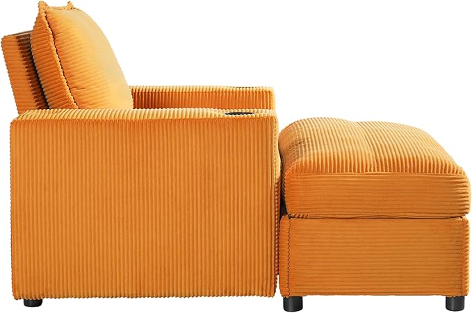 Christopher Knight Home Zoe Oversized Chaise Lounge Chair Indoor with Cup Holders & USB Charging Port, Corduroy Upholstered Sofa Bed + Ottoman with Storage, Comfy Deep Seat Sleeper Sofa Chair, Yellow