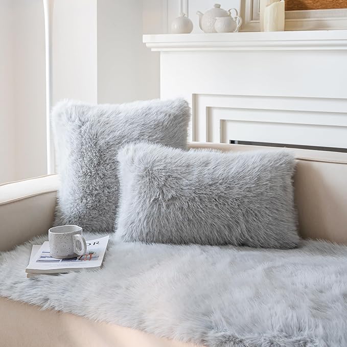 Neelvin Light Grey Faux Fur Cozy Fluffy Double-Sided Decorative Throw Pillow Covers 18x18 inch Set of 2,Velvet Pillowcase Cushion Case for Sofa Couch