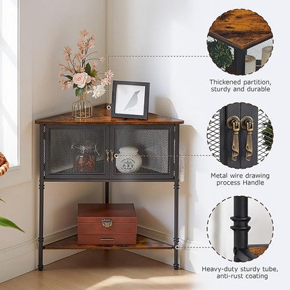VECELO 3 Tier Corner Shelf,Corner Table with Mesh Door and Open-Shelf,Corner Cabinet Stand,Metal Frame Organizer Display Storage Shelves for Bedroom,Living Room,Kitchen,Bathroom