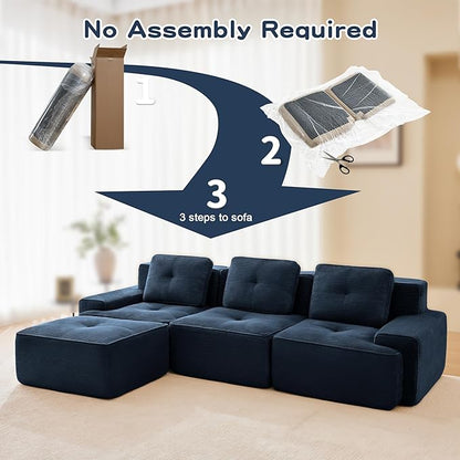 115.3” Blue Boneless Couches for Living Room, Modular Sectional Sofa with L-Shape Chaise, 3 Seater Comfy Upholstered Deep Seat Corduroy Fabric Cloud Couch No Assembly, Anti-Slip Design