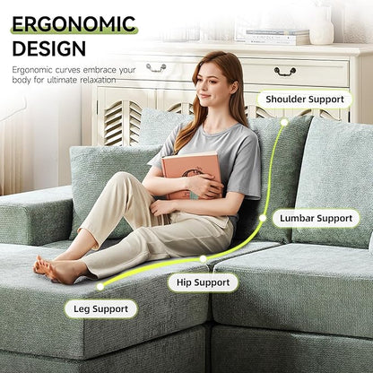 79" Boneless Loveseat Sofa Couch, Modular Foldable Floor Cloud Sofa with Ottoman, Lounge Convertible Sofa Bed for Living Room, No Assembly, Chenille Green