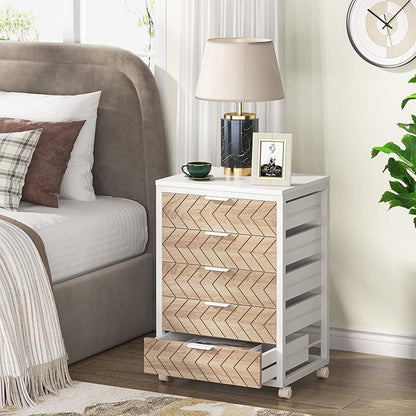 Tribesigns 5 Drawer Chest, Wood Storage Dresser Cabinet with Wheels, Industrial Storage Drawer Organizer Cart for Office Bedroom Entryway (Beige & White, 1 PC)