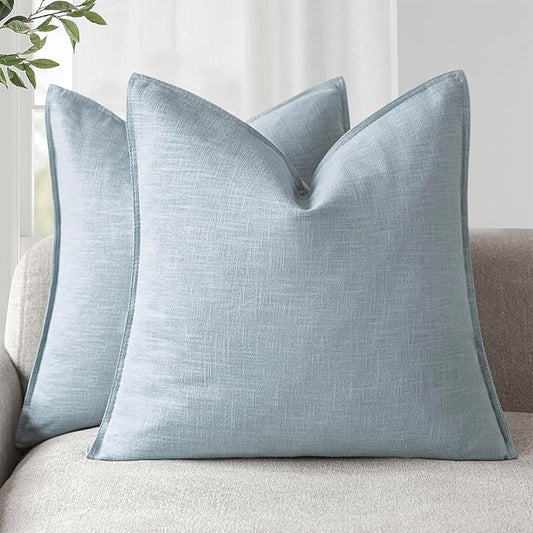 Foindtower Pack of 2, Decorative Linen Soild Throw Pillow Covers Soft Accent Euro Cushion Case Boho Farmhouse Pillowcase for Chair Couch Sofa Bedroom Living Room Home Decor 24 x 24 Inch Sky Blue