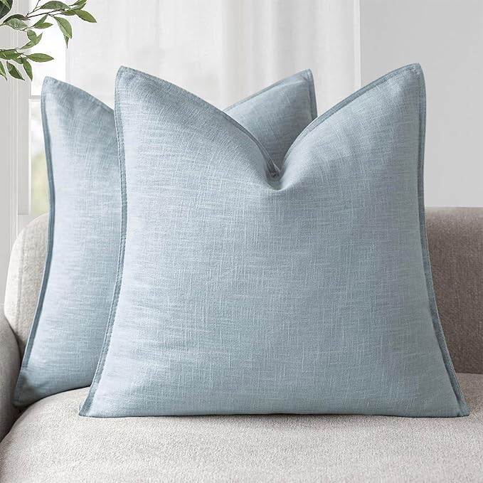Foindtower Pack of 2, Decorative Linen Soild Throw Pillow Covers Soft Accent Euro Cushion Case Boho Farmhouse Pillowcase for Chair Couch Sofa Bedroom Living Room Home Decor 26 x 26 Inch Sky Blue