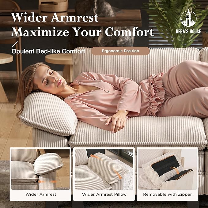 HERA'S HOUSE 54" Modular Sectional Sofa Couches for Living Room, Comfy Cloud Couch 1-Seater Deep Seat Sofa with Throw Pillow, Corduroy Beige