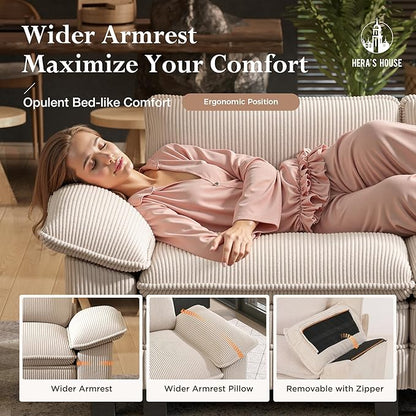 HERA'S HOUSE 54" Modular Sectional Sofa Couches for Living Room, Comfy Cloud Couch 1-Seater Deep Seat Sofa with Throw Pillow, Corduroy Beige