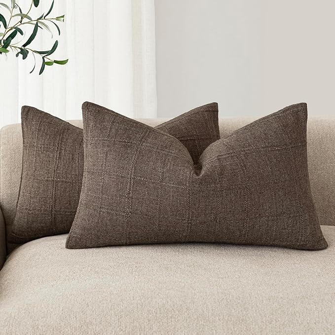 Foindtower Set of 2 Decorative Linen Check Throw Pillow Covers Neutral Farmhouse Lumbar Cushion Covers Modern Boho Home Decor for Sofa Chair Couch Bedroom Living Room,12×20 Inch,Dark Brown