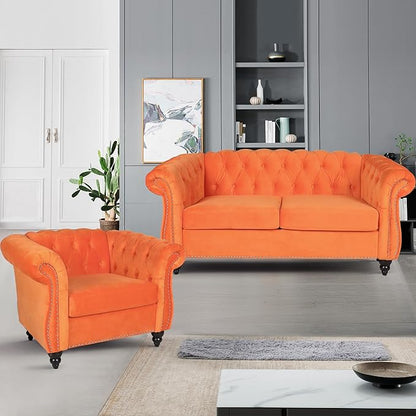 Velvet Sofa Couches Set, 3-Piece Mid Century Modern Upholstered Couch with Cushions, Home Sofa Sectional Furniture Sets, Comfy Tufted Chesterfield Couches for Living Room, Bedroom, Office