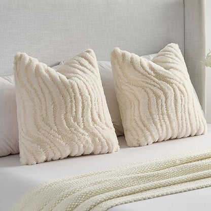 FUTEI Cream Decorative Throw Pillow Covers 22x22 Inch Set of 2,Soft Faux Fur Geometric Shapes Texture Cushion Case,Boho Home Decor for Couch Bed Living Room