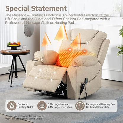 25''Oversized Recliner Chair/Lift Chair, Power Lift Recliner Chair for Elderly, Electric Recliner Chairs for Adults with Massage and Heat, Double Motor Lay Flat Recliner with Cup Holder, Side Pocket