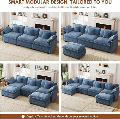 WorthFurni 111.4” Cloud Couch, Modular Sectional Sofa with Ottoman, Comfy Modern 3-Seater Couches with Pillows & Upholstered Deep Seat Cushion for Apartment Living Room Bedroom (Blue)