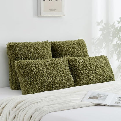 FUTEI Olive Green Decorative Throw Pillow Covers 24x24 Inch Set of 2,Soft Fluffy Faux Wool Fur Boucle Textured European Cushion Case,Modern Home Decor for Couch Bed Living Room Office