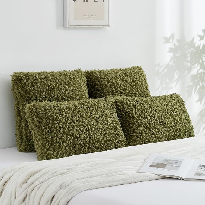 FUTEI Olive Green Decorative Throw Pillow Covers 18x18 Inch Set of 2,Soft Fluffy Faux Wool Fur Boucle Textured Cushion Case,Modern Home Decor for Couch Bed Living Room Office
