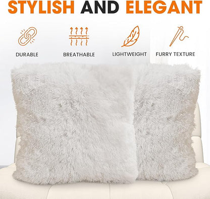 Cheer Collection Throw Pillows for Couch and Bed, Soft Shaggy Throw Pillows with Inserts Included, Cozy Long Hair Faux Fur Pillows - Set of 2-26" x 26" White