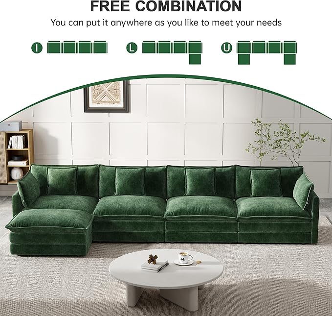 Modular Sectional Sofa, 146.5 Inch L-Shaped Cloud Sofa with Deep Seat Chenille Sofa with Cushions, Four Seater Sectional Sofa for Living Room Apartment,Evergreen