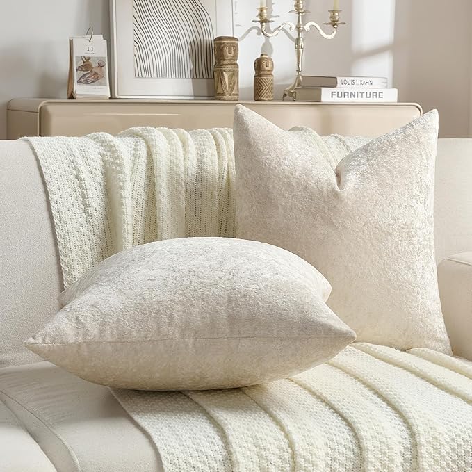 FUTEI Cream Flannel Throw Pillow Covers 18x18 Inch Set of 2,Soft Dimensional Textured Cushion Cases,Modern Home Decor for Couch Living Room