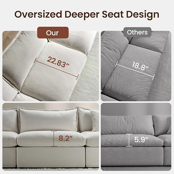 118.5" Down Filled Cloud Couch, Chenille Modular Sectional Sofa with Storage Ottoman, 3-Seater L Shape Sofa with Throw Pillows, Mordern Sectional Couches for Living Room, Beige