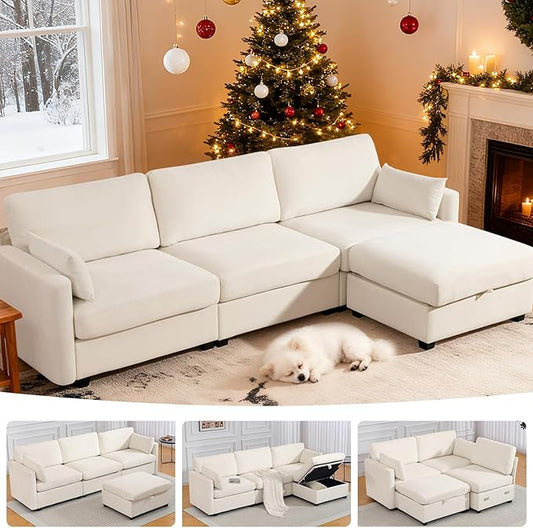109'' Modular Sectional Sofa, L Shaped Couch with Storage Ottoman, Comfy Cloud Sofa with Deep Seat, 4 Seat Convertible Sectional Couches for Living Room (Beige, Low Legs 1.97")