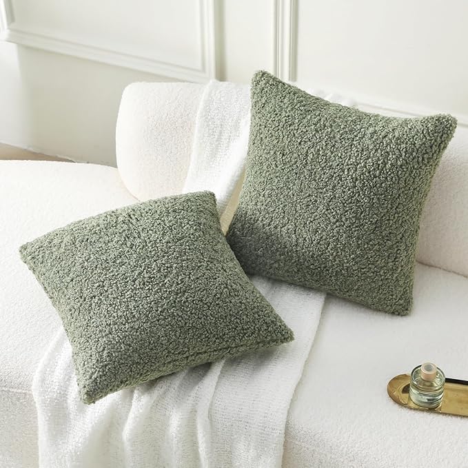 FUTEI Sage Green Throw Pillow Covers 22x22 Inch Set of 2,Furry Faux Fur Teddy Boucle Textured Cushion Covers,Soft Fluffy Decorative Pillow Case,Home Decor for Couch Bed Living Room Office Car
