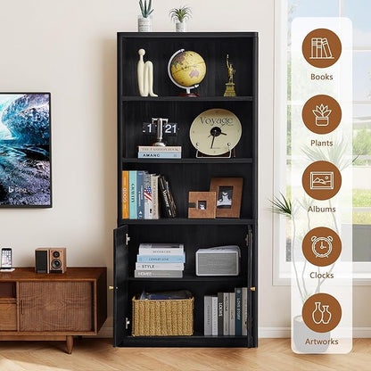 70.8" Tall Fluted Bookshelf with Storage Cabinet, Modern 5-Tier Wood Bookcase with Open Display Storage Shelf, Gold Handles for Office Living Room (Black)