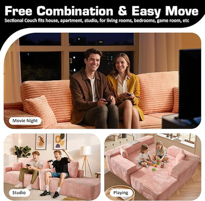 106" Cloud Sectional Couch with L-Shape Chaise, No Assembly Modular Sofa, Deep Seat Plush Corduroy Boneless Couched for Living Room (Pink Plush Corduroy, Right Facing Chaise)