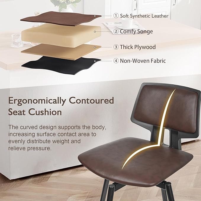 VECELO Swivel Leather Bar Stools Set of 4, Counter Height Barstools with Back, Metal Legs, 35.2-Inch Tall Barstools for Kitchen Island, Home Bar, Cafe, Brown