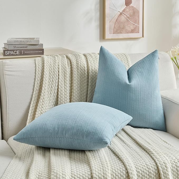 FUTEI Denim Blue Decorative Throw Pillow Covers 12x20 Inch Set of 2,Soft Cozy Wheat Ear Striped Patterns Lumbar Pillow Cases,Modern Home Decor for Couch Bed Living Room